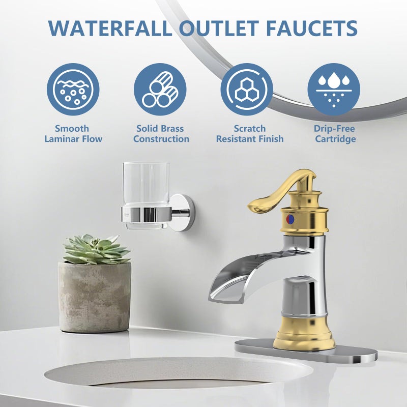 Homevacious Bathroom Faucet Waterfall Sink Faucets Bathroom Widespread Single Handle Chrome and Gold for 1 or 3 Holes Rustic Vanity Farmhouse with Pop-up Drain Deck Plate Hose - Image 2